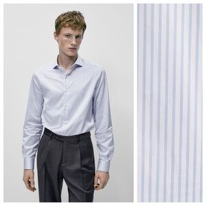 NWOT. Massimo Dutti Man Blue/White Striped Easy Iron Shirt. Size 18.